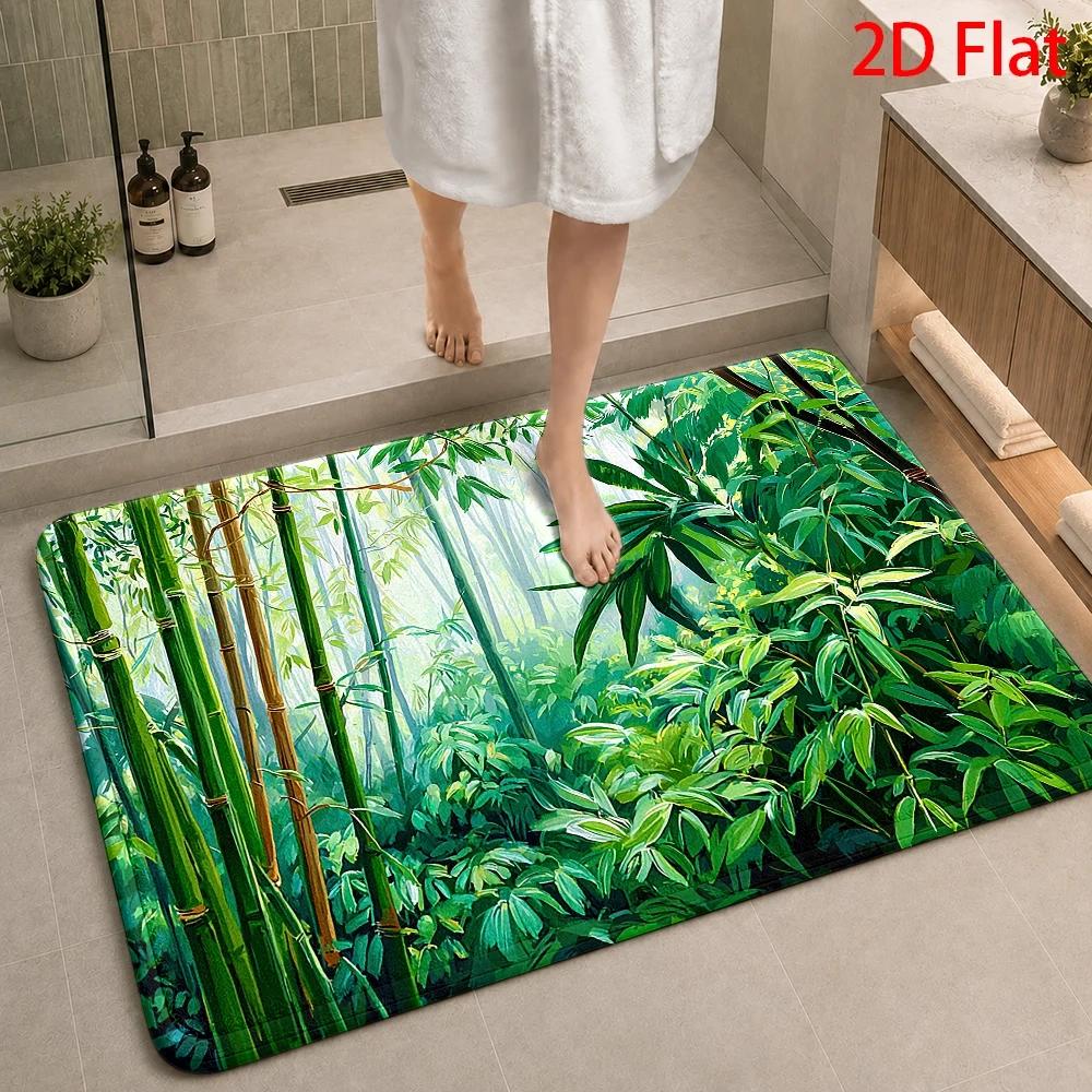 Bamboo Bath Mat - トロピカルな竹のジャングル柄バスマット 防水エリアマット 浴室入口用フロアランナー